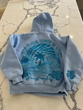 Light Blue Hoodie w Aqua Graphic "Everything Comes in Waves" Pink Palm Puff XXS